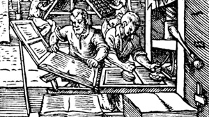 A 1568 woodcut published in Meggs, Philip B. A History of Graphic Design. John Wiley & Sons, Inc. 1998. (p 64), via Wikipedia